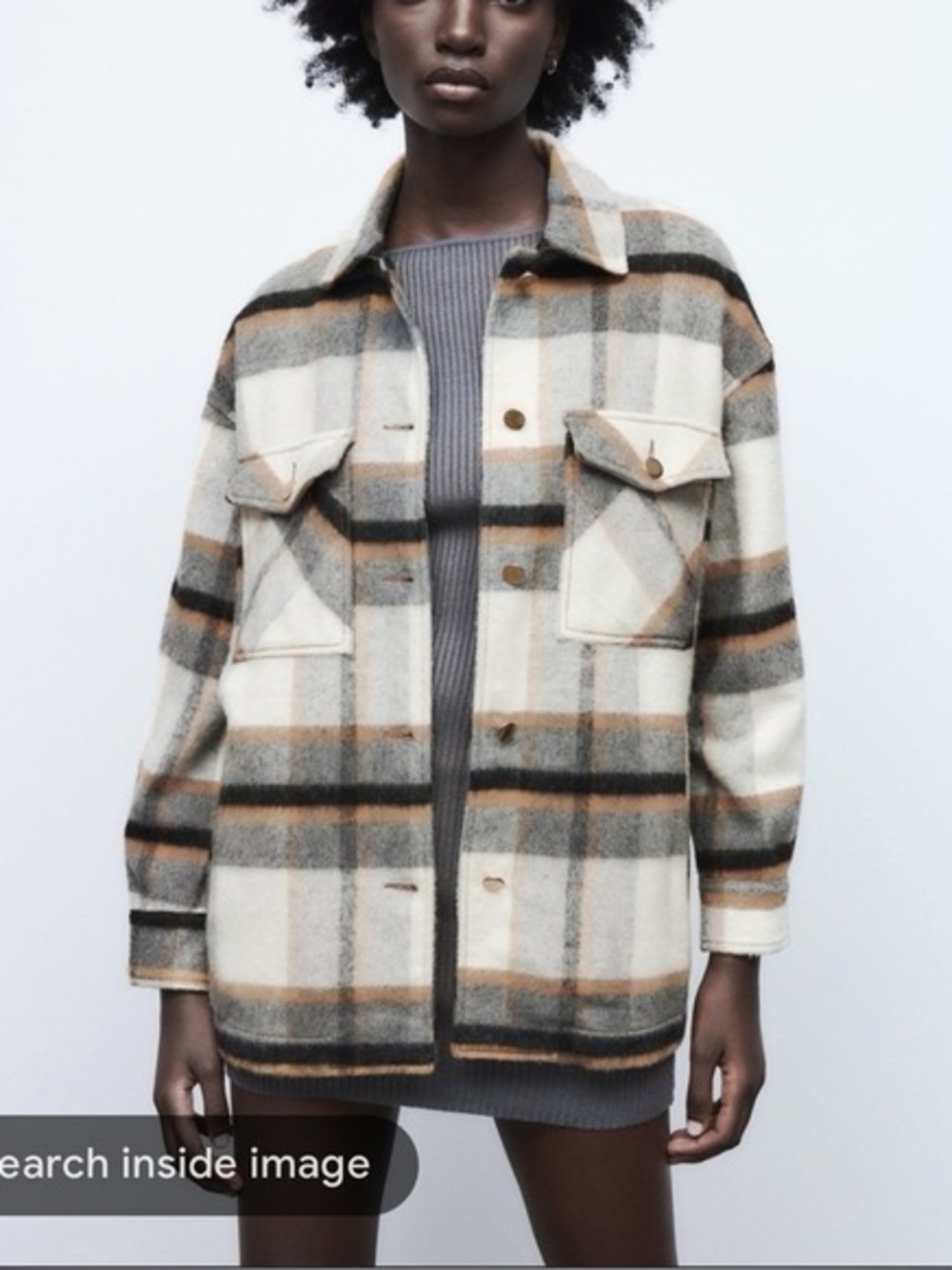 Zara Plaid Utility Shacket in Cream, Gray & Tan